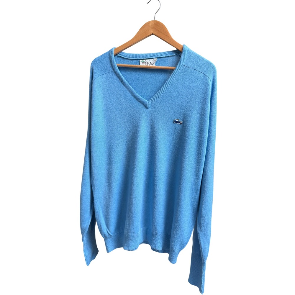 Izod Lacoste V-Neck Sweater Light Blue Vintage 80s Crocodile Logo Large Preppy